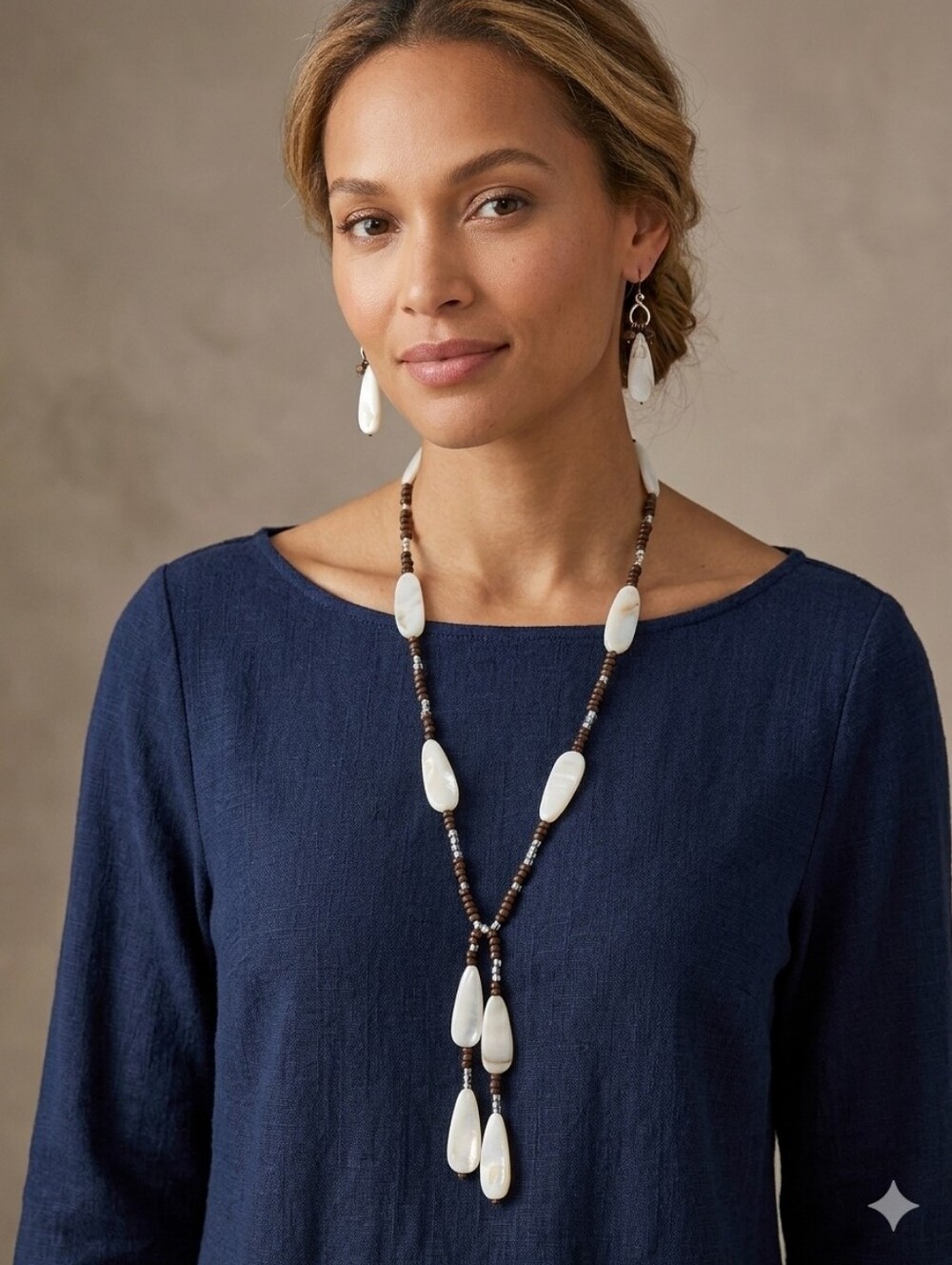 J. Jill White Shell and Brown Bead Lariat Necklace w/ Matching Earrings NWT $78